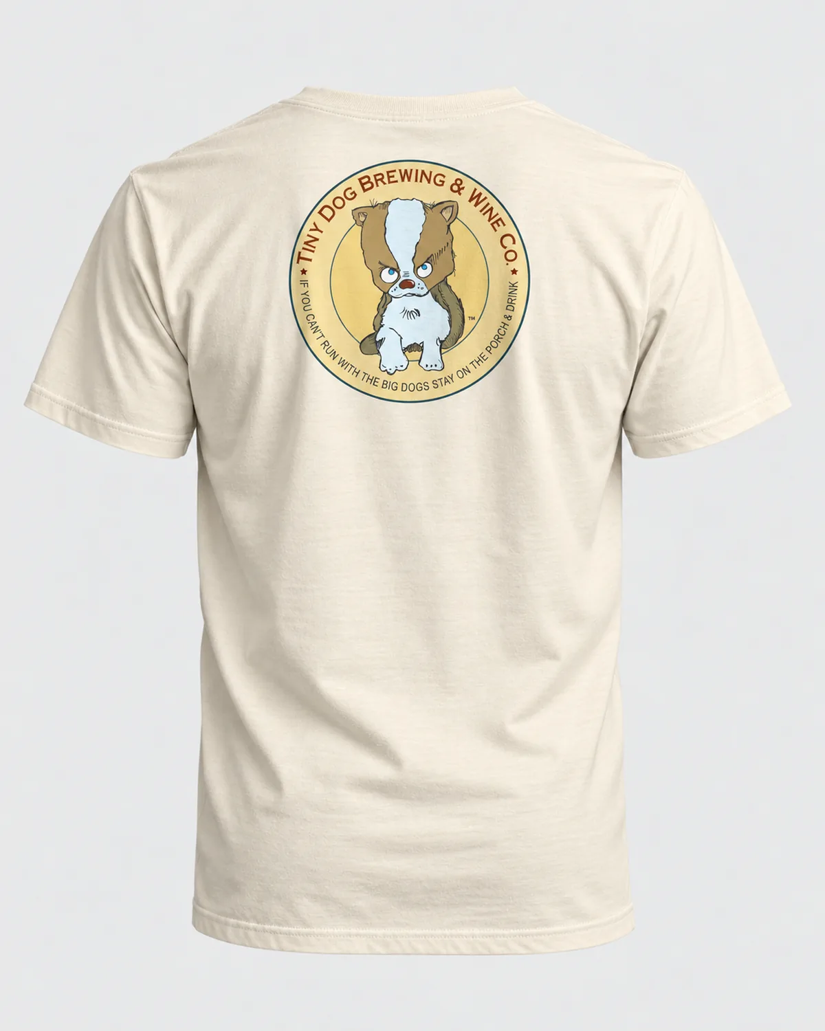 Tiny Dog Brewing & Wine Co. tee on a natural tee, back view
