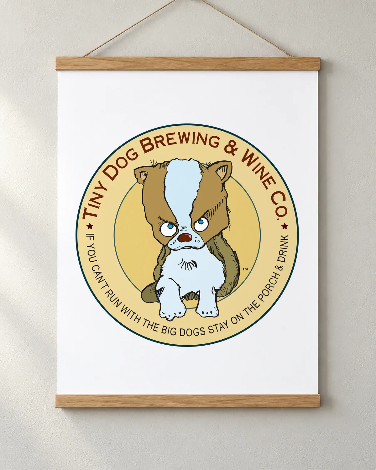 Tiny Dog Brewing & Wine Co. tee on a matte poster