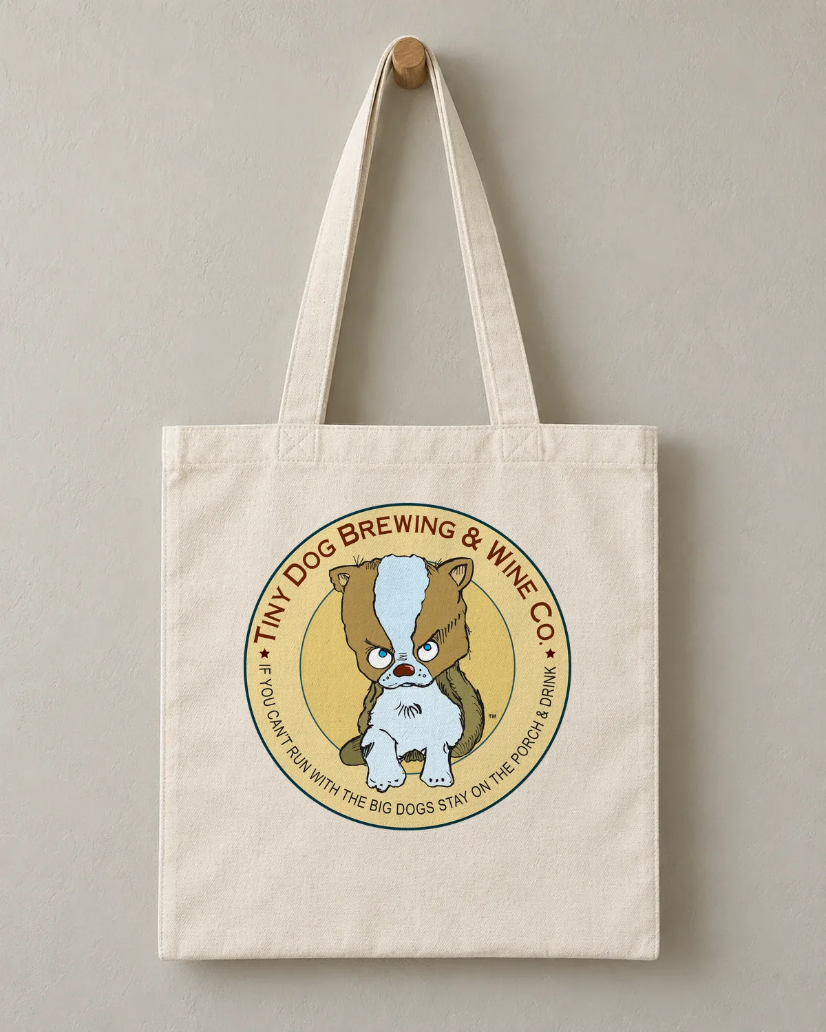 Tiny Dog Brewing & Wine Co. tee on a cotton tote