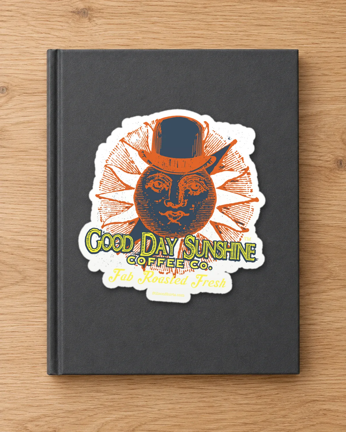 Top-Hat Sun Coffee Co. tee on a die-cut sticker