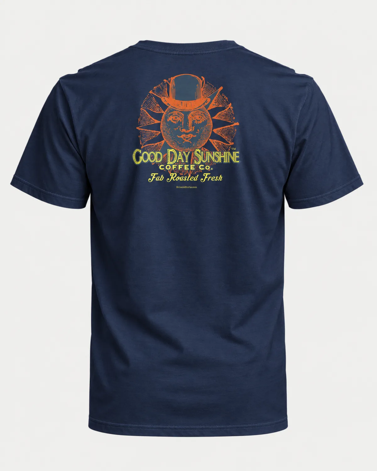Top-Hat Sun Coffee Co. tee on a navy tee, back view