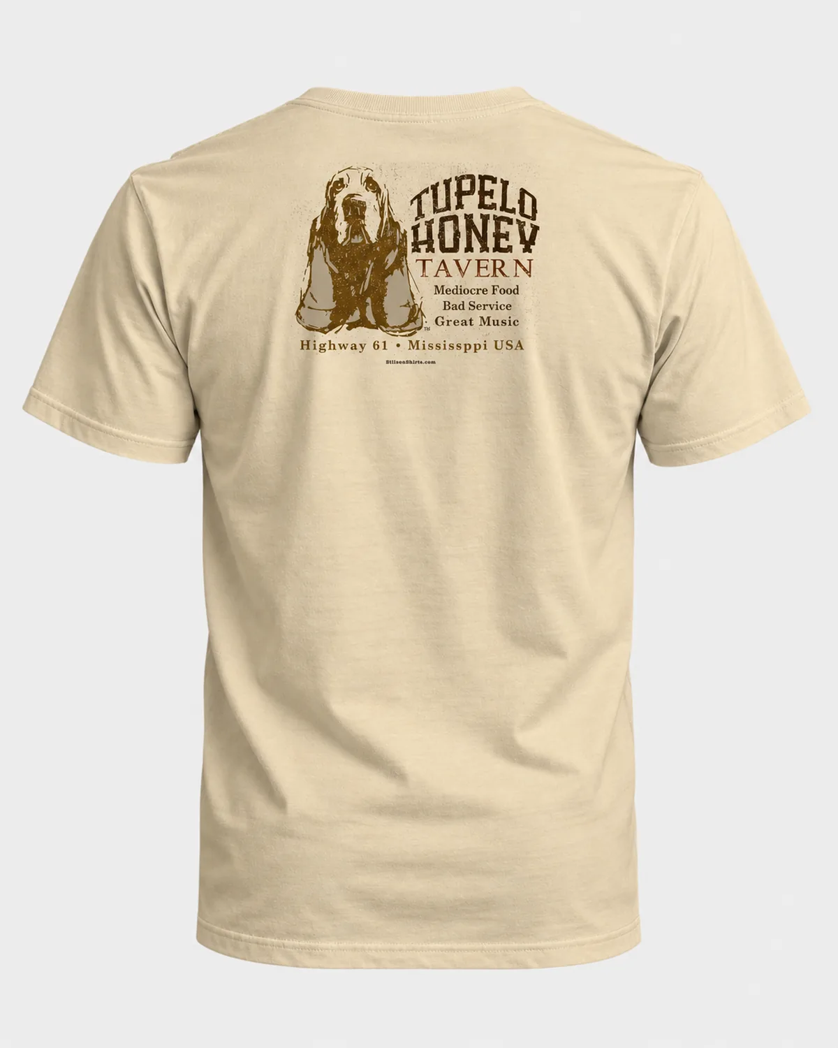 Tupelo Honey Tavern tee on a sand tee, back view