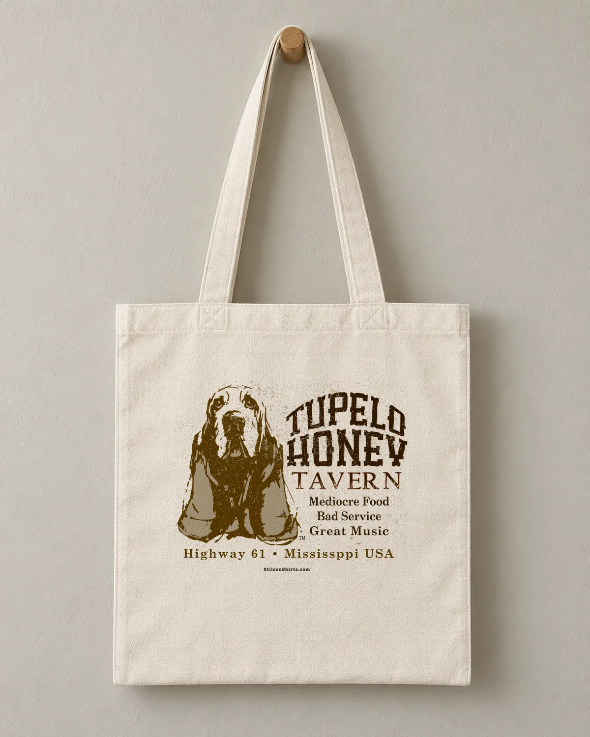 Tupelo Honey Tavern tee on a cotton tote