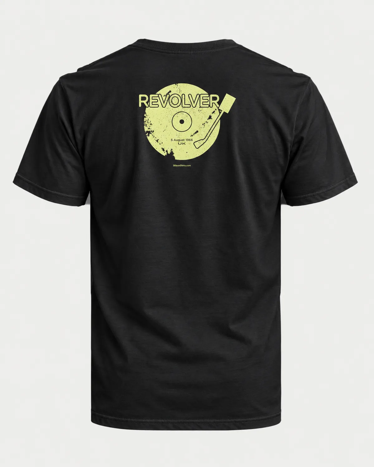 Spinning Turntable tee on a black tee, back view