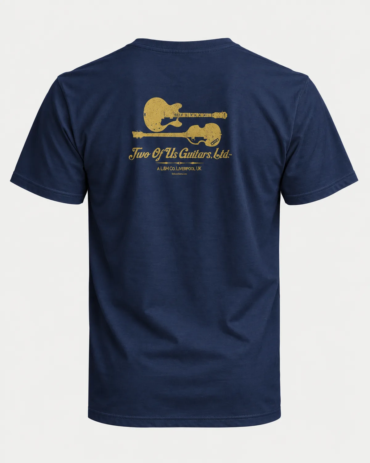Twin Guitars Ltd. tee on a navy tee, back view