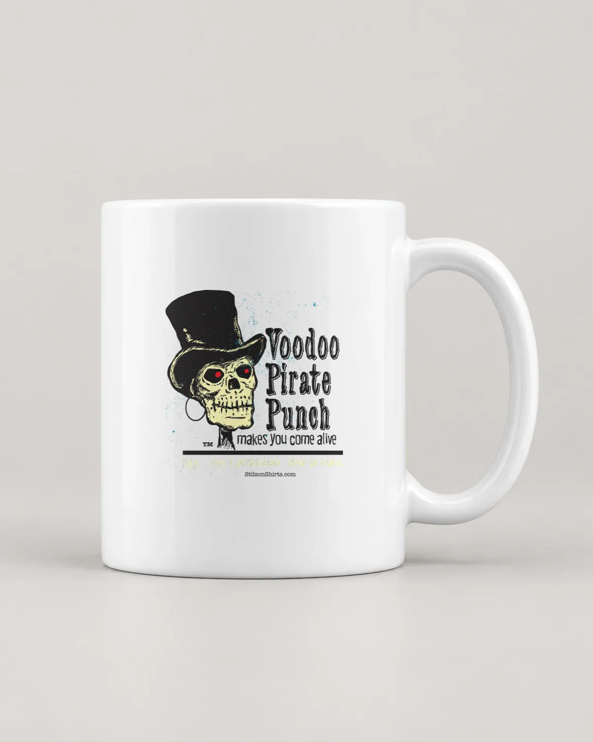 Voodoo Pirate Punch tee on a ceramic mug