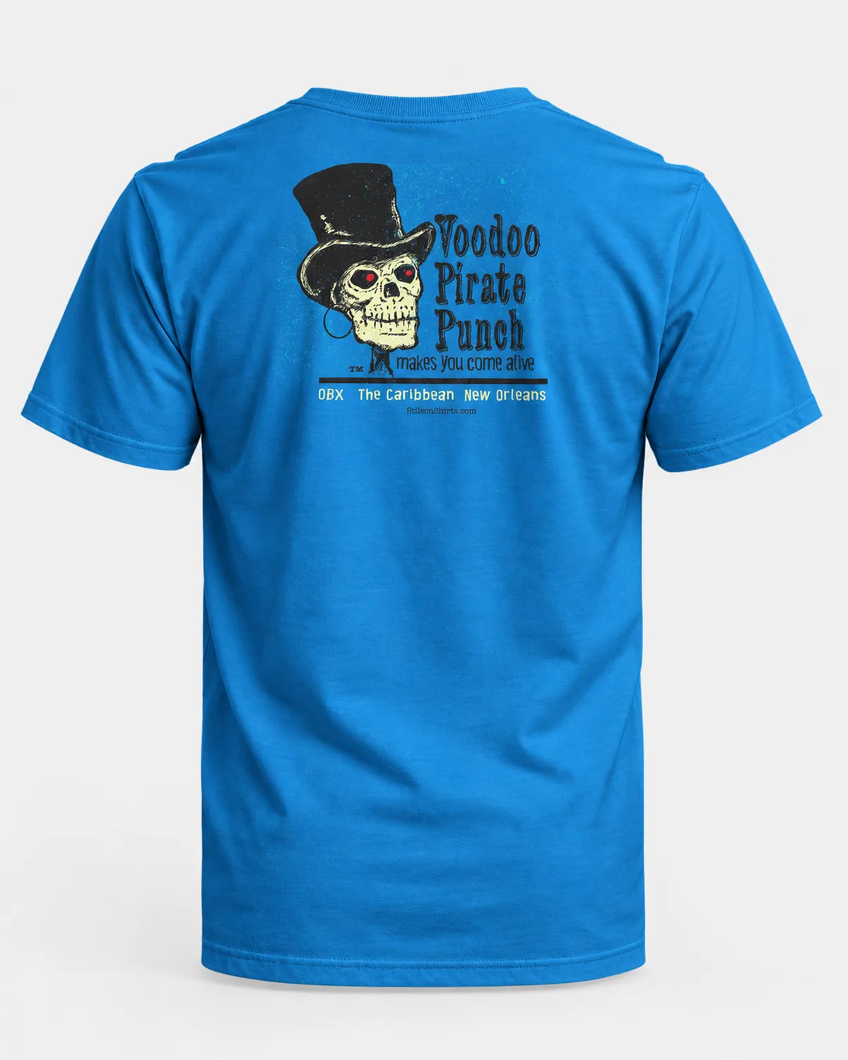 Voodoo Pirate Punch tee on a sapphire tee, back view