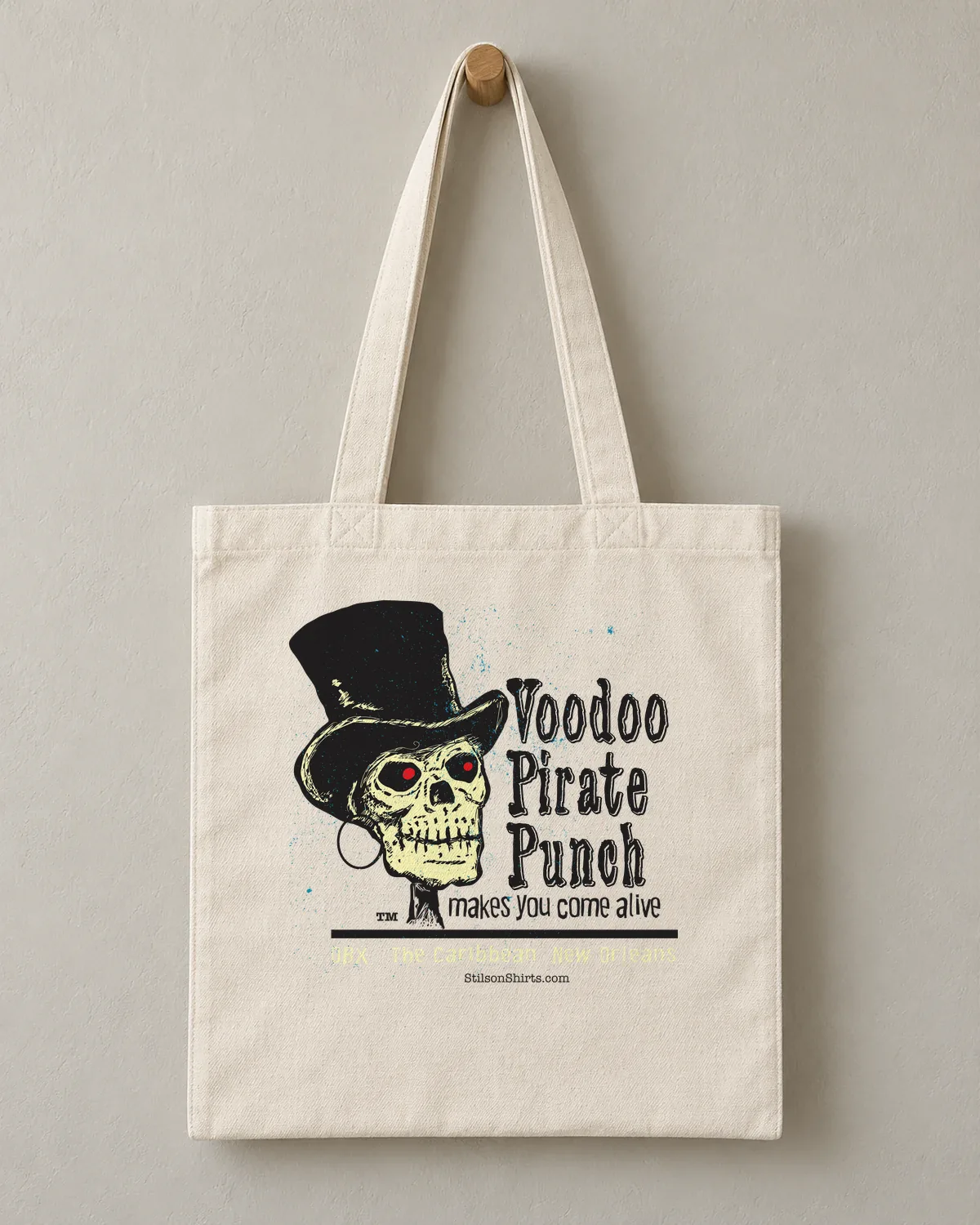 Voodoo Pirate Punch tee on a cotton tote