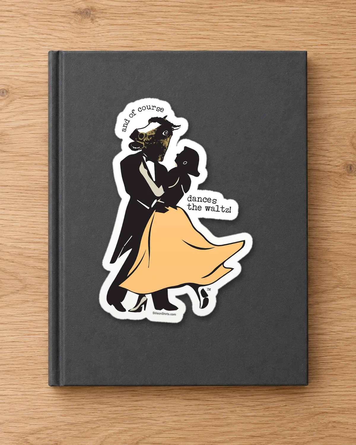 Waltzing Horse tee on a die-cut sticker