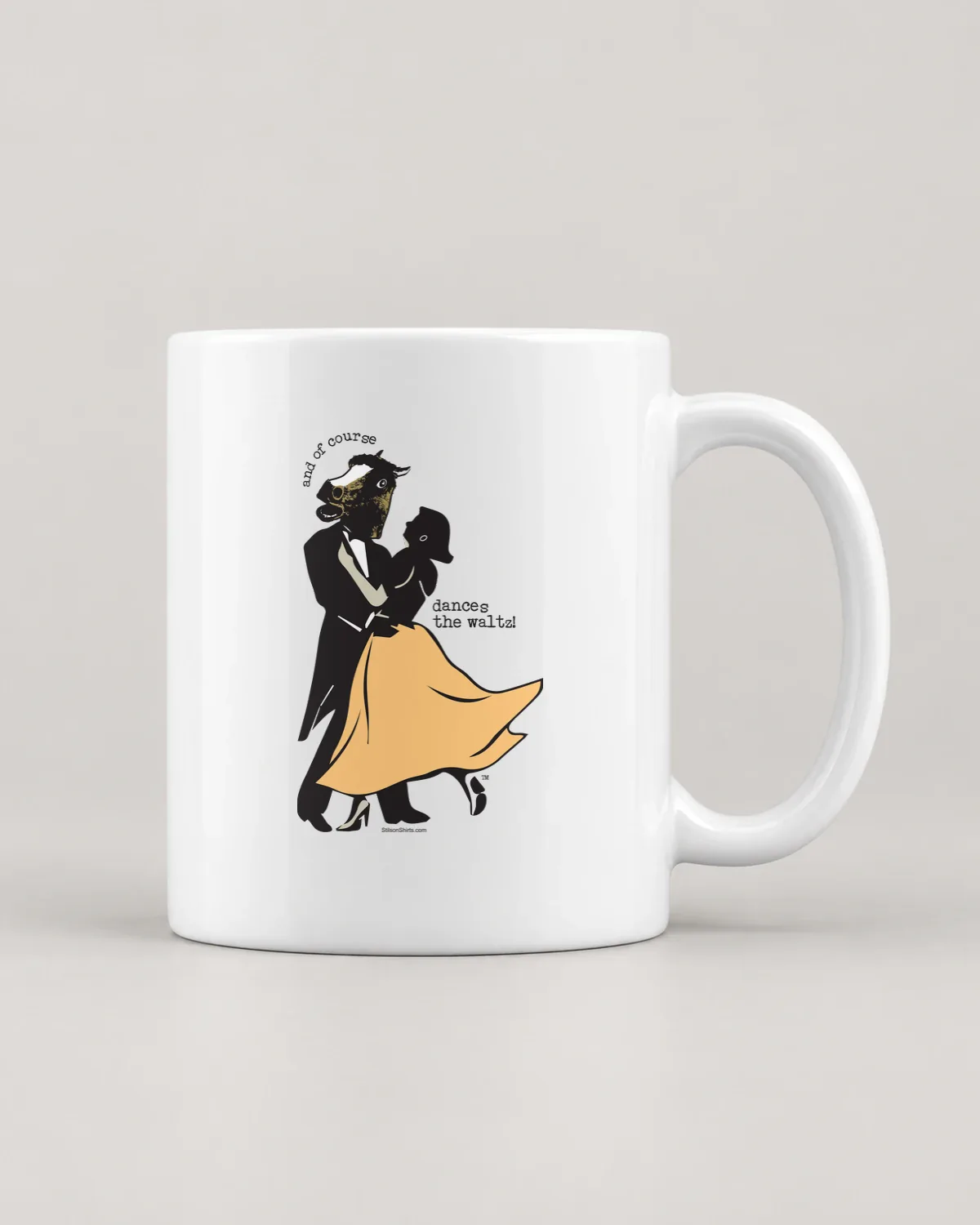 Waltzing Horse tee on a ceramic mug