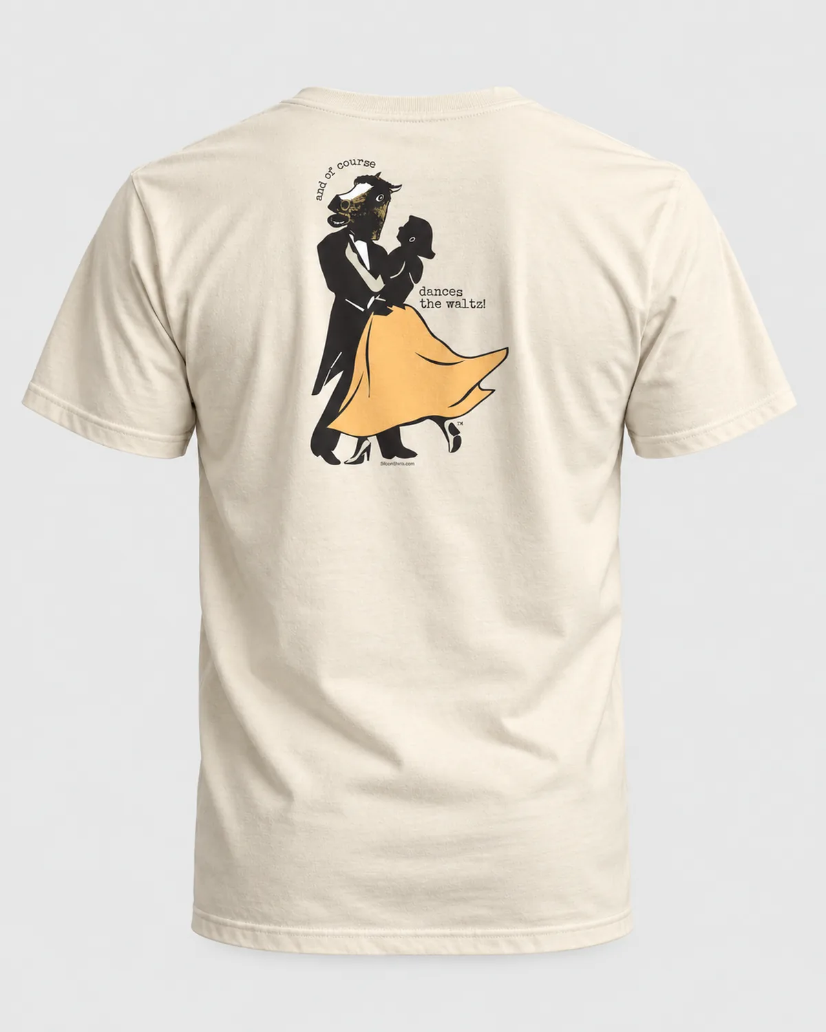 Waltzing Horse tee on a natural tee, back view