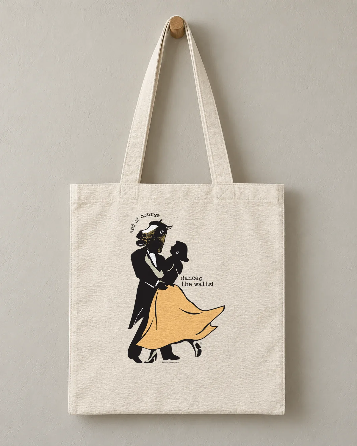 Waltzing Horse tee on a cotton tote