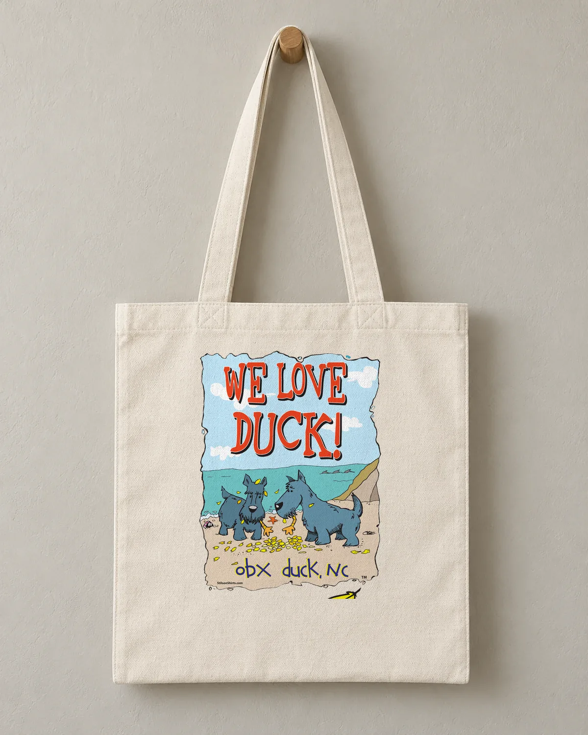 We Love Duck! tee on a cotton tote