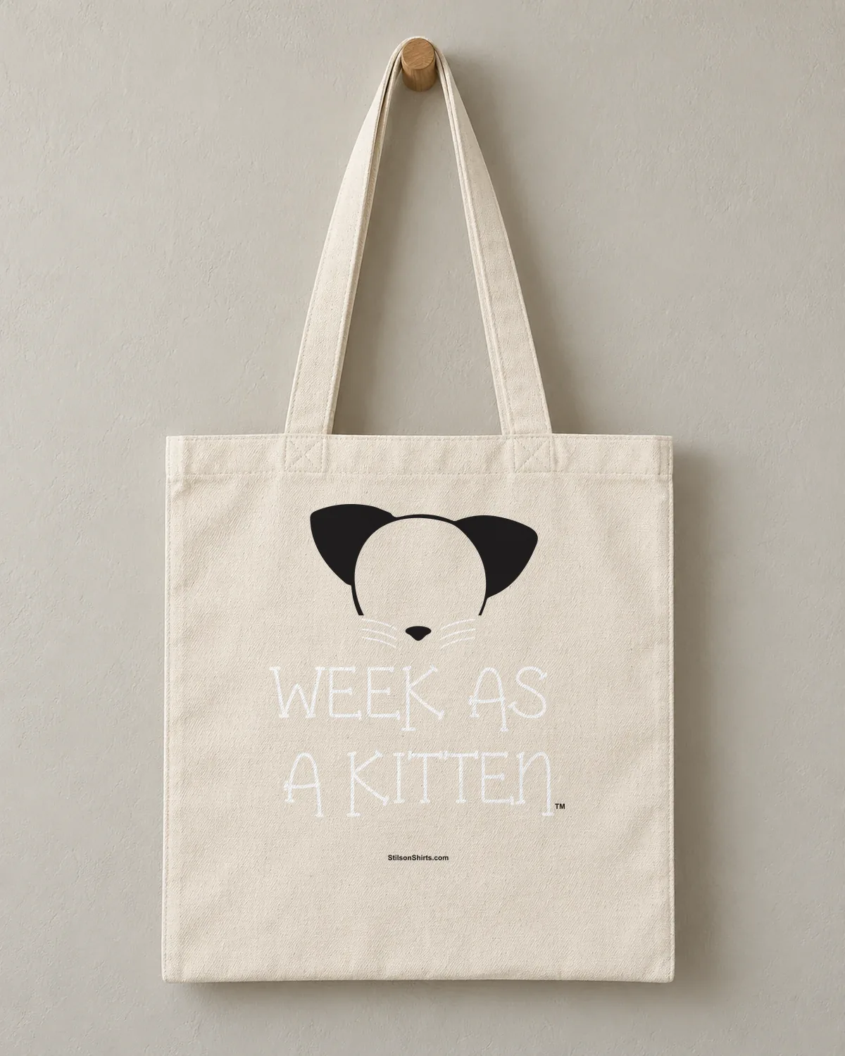 Week as a Kitten tee on a cotton tote