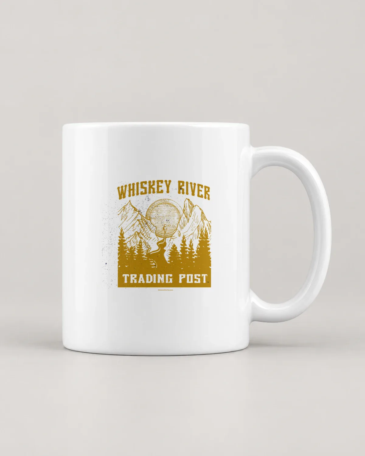Whiskey River Trading Post tee on a ceramic mug