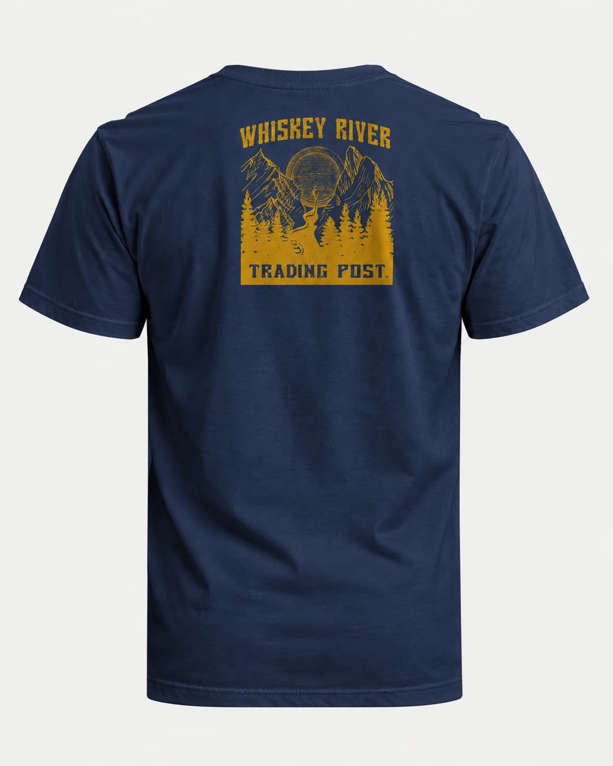Whiskey River Trading Post tee on a navy tee, back view