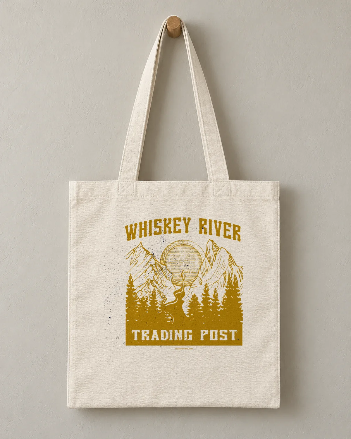 Whiskey River Trading Post tee on a cotton tote